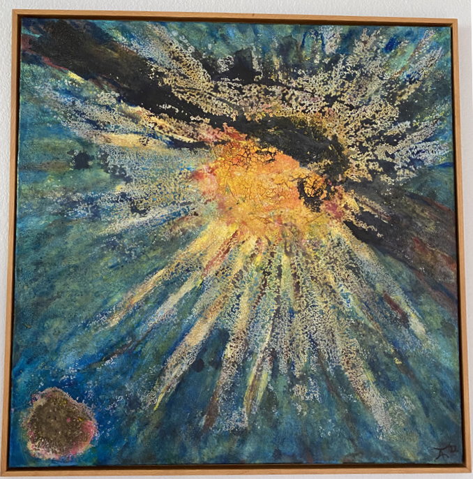 “Sonnensystem“, 80 x 80 cm, Acryl-Mix mit Wachs und Asche, hochwertiger Bucherahmen